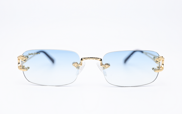 gold rimless glasses blue